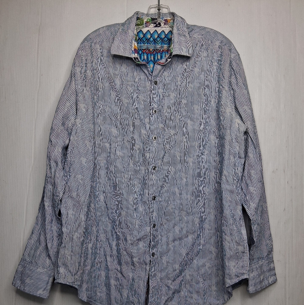 Robert Graham Striped Flip Cuff Shirt Men's 1XL Blue/White